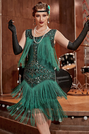 Verde Oscuro 1920s Vestido Lentejuelas Flecos